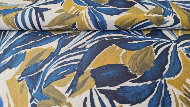 Viscose Crepe Abstract Leaves Blue