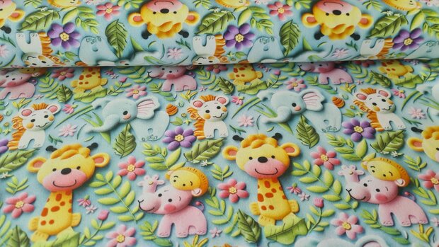 Cotton Jersey Baby Animals Turquoise