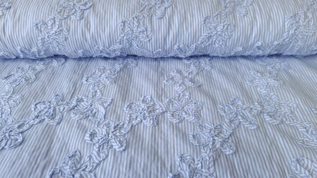 Cotton Embroidery Stripes / Flowers Blue 3