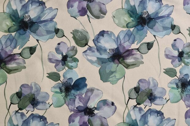 French Terry Blue Flowers Off White