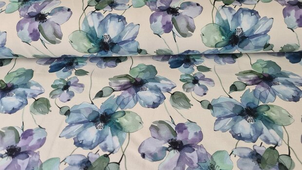 French Terry Blue Flowers Off White