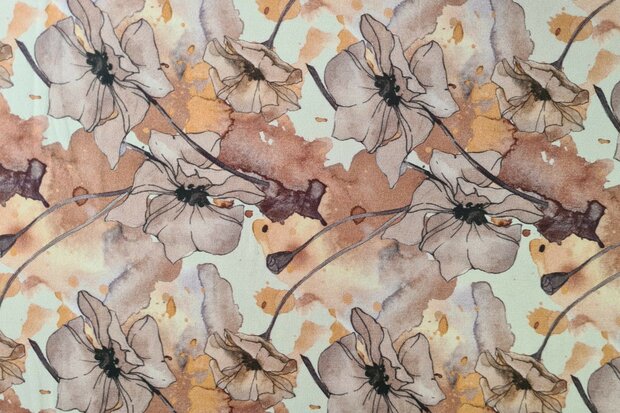 Bamboo Jersey Watercolour Flowers Brown