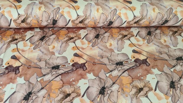 Bamboo Jersey Watercolour Flowers Brown