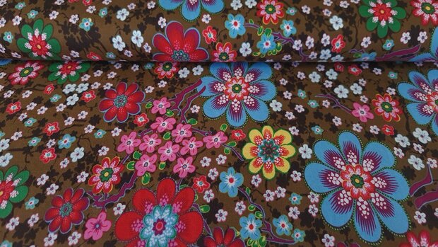 Cotton Jersey Flowers Brown