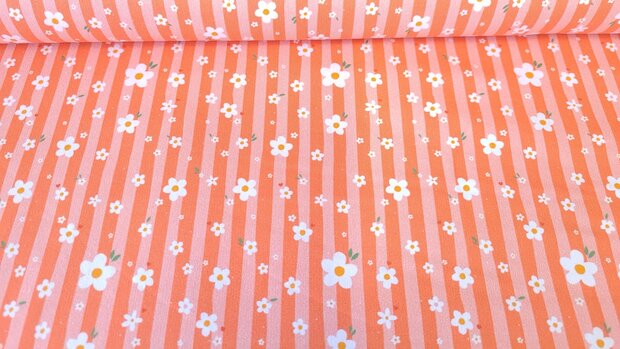Cotton Jersey Flower & Stripes Orange