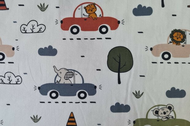Cotton Jersey Animals in Cars Off White