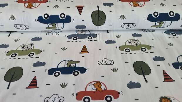 Cotton Jersey Animals in Cars Off White