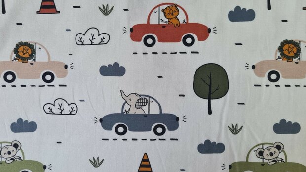 Cotton Jersey Animals in Cars Off White