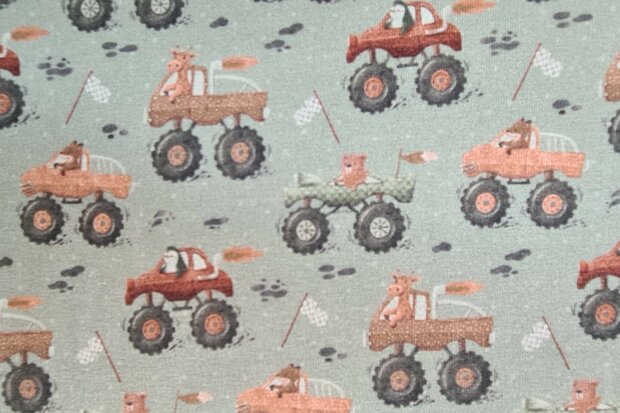 Cotton Jersey Animals in Monstertrucks Green