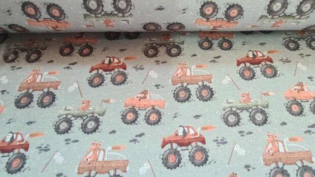 Cotton Jersey Animals in Monstertrucks Green