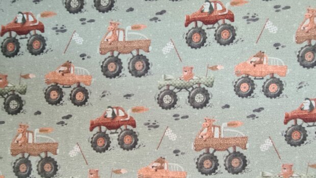 Cotton Jersey Animals in Monstertrucks Green