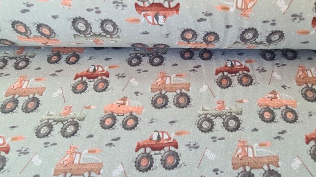 Cotton Jersey Animals in Monstertrucks Green