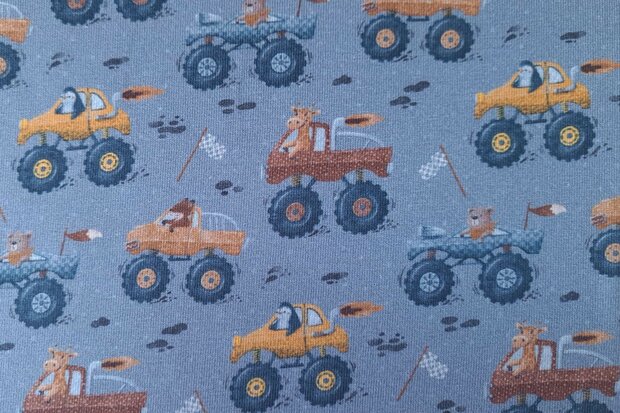 Cotton Jersey Animals in Monstertrucks Blue
