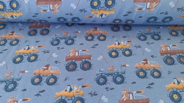 Cotton Jersey Animals in Monstertrucks Blue