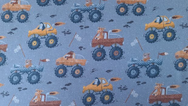 Cotton Jersey Animals in Monstertrucks Blue