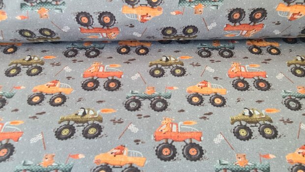 Cotton Jersey Animals in Monstertrucks Grey
