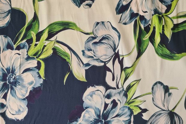 Viscose Stretch Satin Flowers Navy