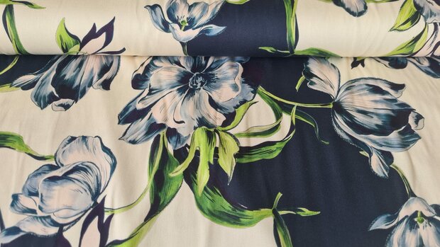Viscose Stretch Satin Flowers Navy