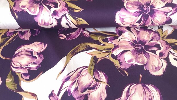 Viscose Stretch Satin Flowers Purple