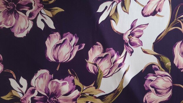 Viscose Stretch Satin Flowers Purple
