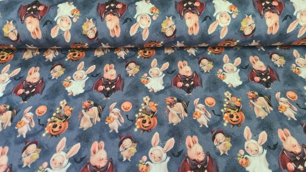 Cotton Jersey Halloween Pumpkin Blue
