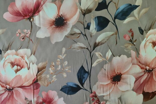 Viscose Satin Flowers Beige