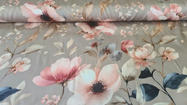 Viscose Satin Flowers Beige