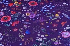 Cotton Jersey Digital Flowers Feathers Purple Cotton Jersey Digital Flowers Feathers Purple