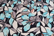Cotton Digital Stretch Satin Flowers Aqua Cotton Digital Stretch Satin Flowers Aqua