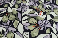 Cotton Digital Stretch Satin Flowers Olive Cotton Digital Stretch Satin Flowers Olive