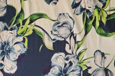 Viscose Stretch Satin Flowers Navy